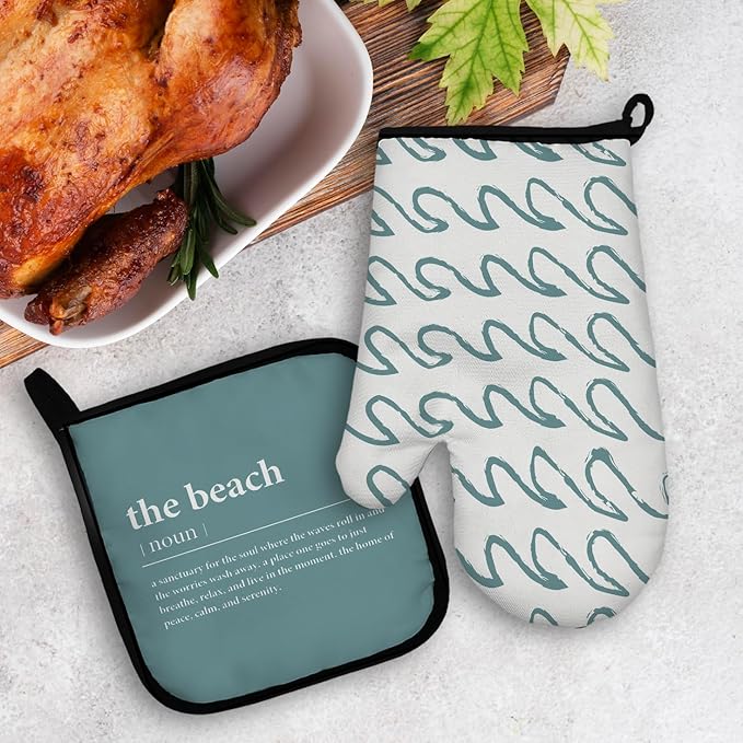 Mingnei Ocean The Beach Oven Mitts and Pot Holders Sets, Funny Summer Beach House Wave Heat Resistant Potholder Kitchen Decor for Cooking Baking BBQ,Coastal Wave Oven Glove Set, Beach House Gifts