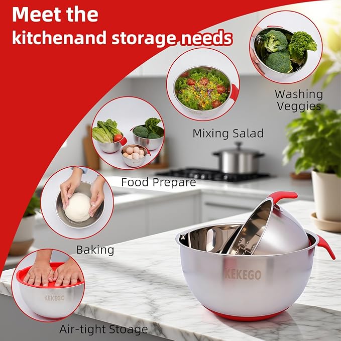 7-Pcs Stainless Steel Mixing Bowls Set with Handles, Nesting Metal Bowls with Lids & Strainer, Base for Baking, Cooking & Meal Prep (1.2/2.5/4.5 QT)
