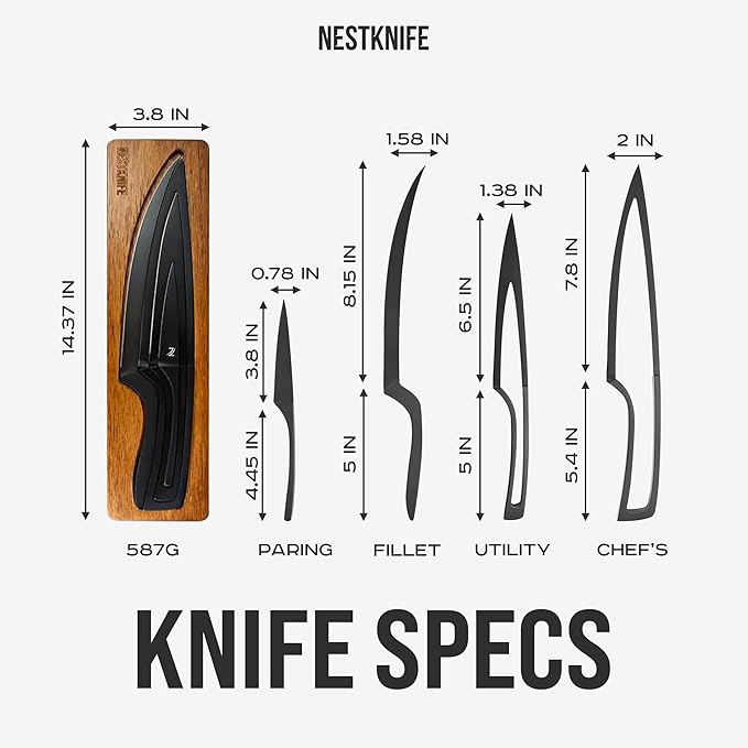 Kitchen Knife Set Stainless Steel, Chef Knife Set of 4 Pieces, Space Saving Ergonomic Design of Chef's Knives, Modern Stainless Steel Knives, Aesthetic Kitchen Essential, NestKnife Patented Technology