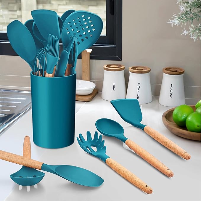 LIANYU 38 Pcs Kitchen Cooking Utensils Set with Holder, Heat Resistant Silicone Kitchen Utensil Spatula Set, Kitchen Gadgets Tools Set for nonstick Cookware Set, Wooden Handle, Blue
