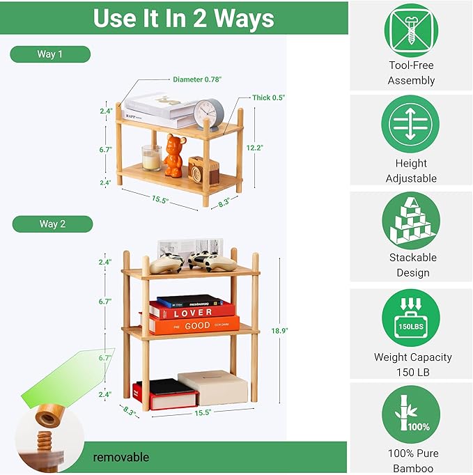Expandable Bamboo Desktop Organizer Shelf Kitchen Cabinet and Counter Riser Display Shelf for Top of Desk Home Office Bathroom Coffee Table Display Stand- Useful Home & Housewarming Gift