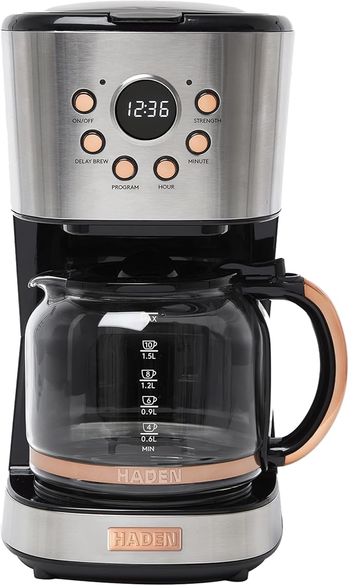 Haden Coffee Machine, 12 Cup Programmable Drip Coffee Maker with Auto Shut-Off Function and Reusable Washable Water Filter, Steel & Copper