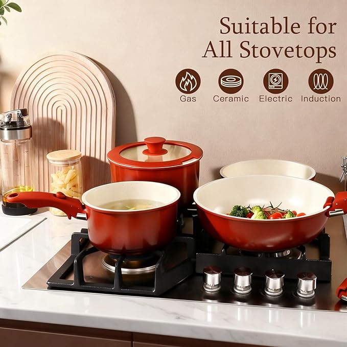 GIPP 11PCS Pots and Pans Set Non Stick,Nonstick Cookware Set Detachable Handle,Ceramic Pots for Cooking Non Stick with Removable Handle, RV Cookware Set, Red Black Gradien