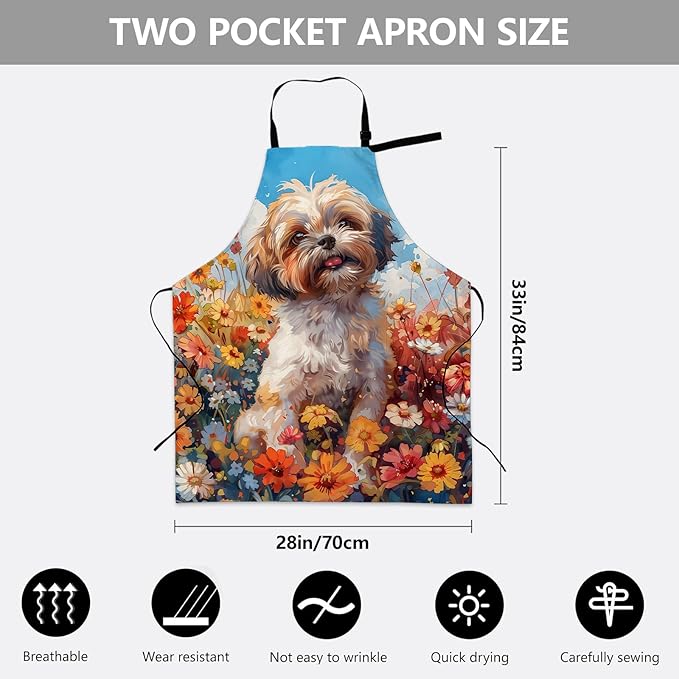 Adorable Shih Tzu Dog Apron, Adjustable Kitchen Vibrant Floral Design Aprons with Pockets for Cooking BBQ Gardening, 28×33 IN, Holiday Gifts for Women Men Wife, for Chef Baking, Oxford Fabric