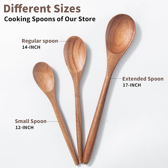 Wooden Spoons For Cooking 2PCS Wooden Cooking Spoons Acacia Wood Spoon Cooking 12″ Smooth Spoon Finish Comfortable Grip Wood Spoons Cooking Small Style Non-Stick Cooking Kitchen Utensil Set