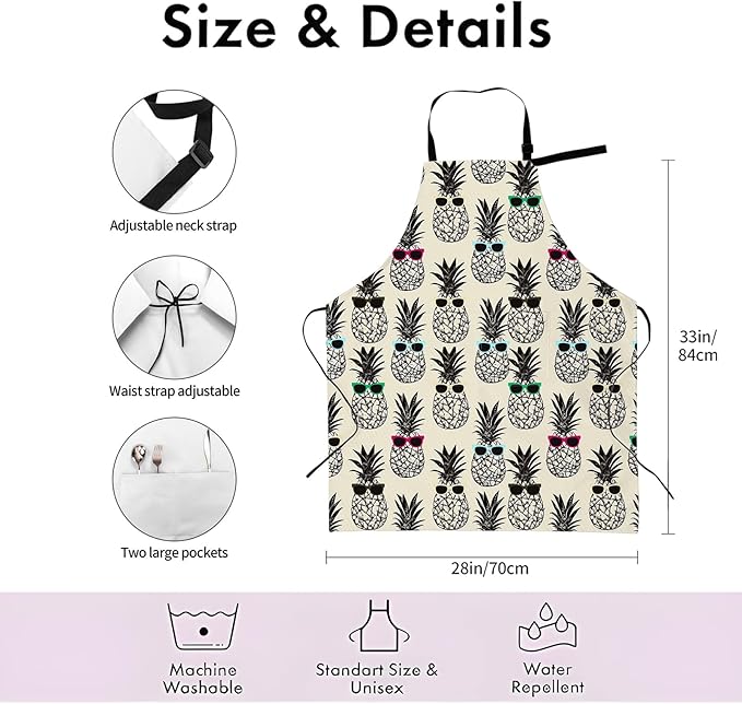 Cool Pineapple Apron,Adjustable Waterproof Oxford Fabric Kitchen Apron with 2 Pockets for Men and Women, Cooking, Baking, BBQ, Coffee Shop, Housewarming Gifts, 28x33 Inches