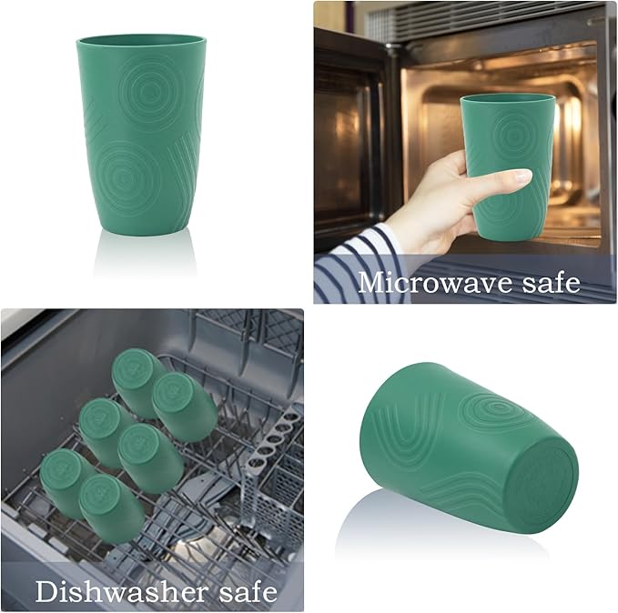 Wrova Wheat Straw Water Cups 16oz with Etched Pattern - Alternative Plastic Drinking Glasses Set of 6 - Reusable Tumbler Cups for Kids - Green