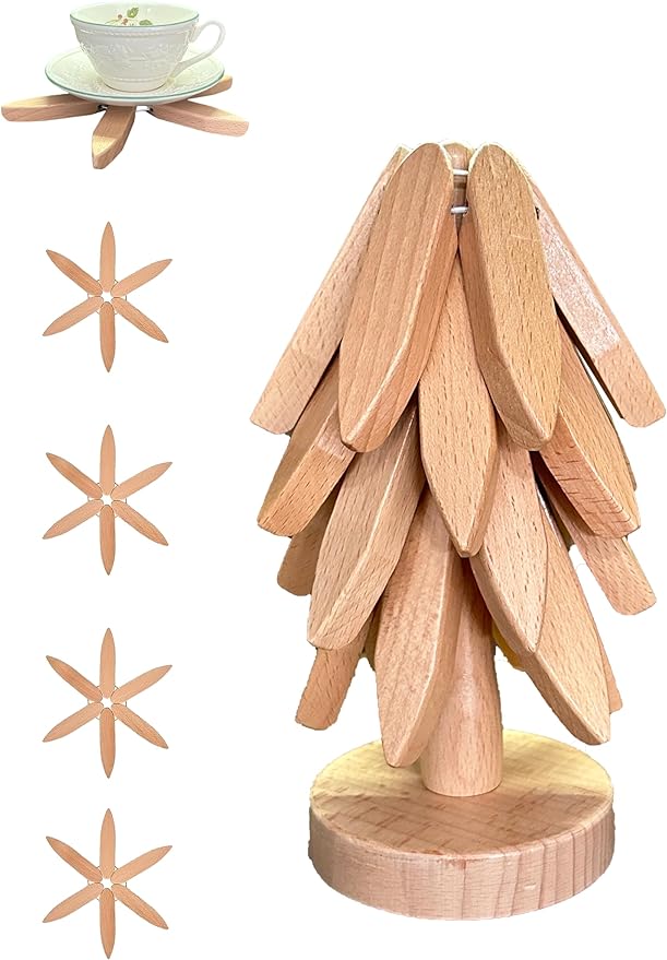 Wooden Trivets for Hot Dishes Mat Coasters Pot Plate Bowl Teapot for Kitchen Natural Foldable Stackable Christmas Tree (Beech Wood)