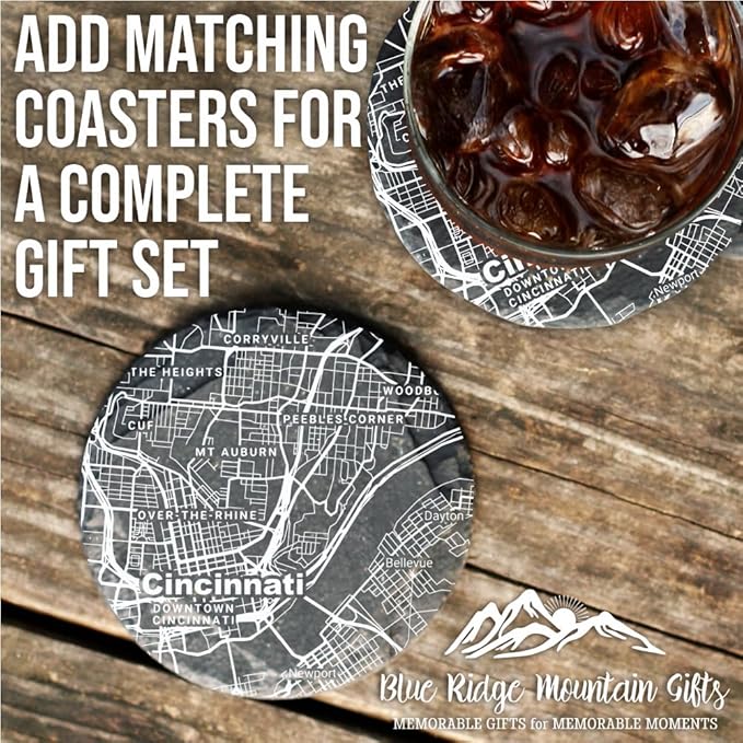 Blue Ridge Mountain Gifts - Cincinnati Souvenir - Ohio Glassware Gift, Etched City Map, Laser Engraved and Dishwasher Safe