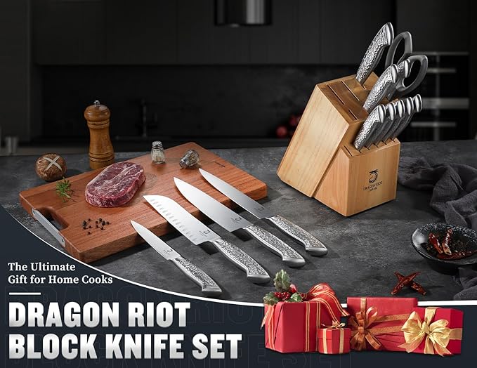 14 PCS Knife Set with Wood Block - Stainless Steel Kitchen Knife Block Set with Built in Sharpener, Dishwasher Safe, Rust Resistant, Non-Slip Ergonomic Handle - Gift for Men Women and Housewarming