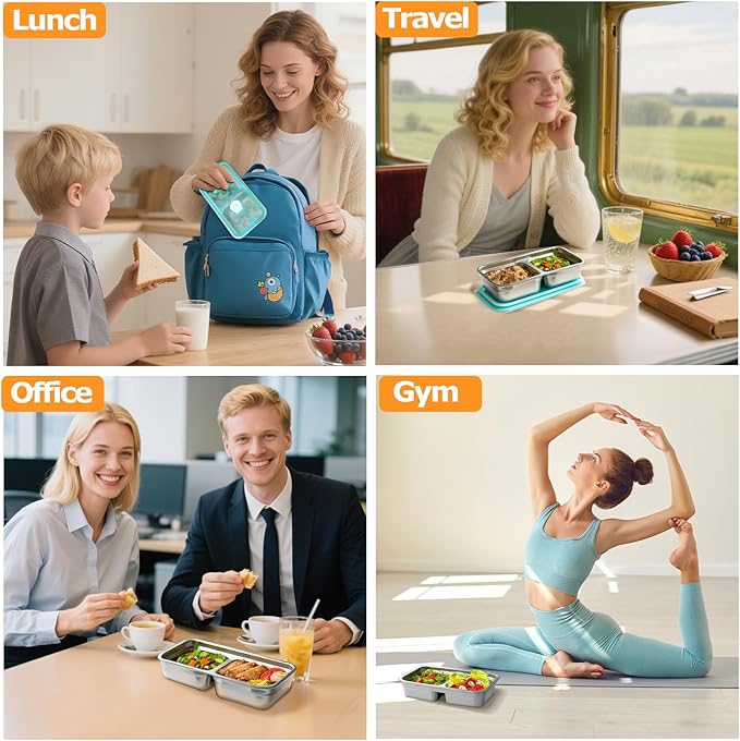 Stainless Steel Snack Containers with Lids, Reusable Bento Lunch Container Box, Food Storage, Leak Proof, Dishwasher-Safe, Grab and Go for Work, 2 Pack-Double Compartment
