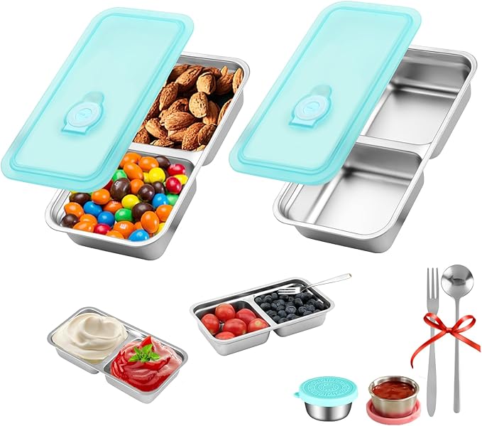 KITHELP 2 Pcs Grab and Go Snack Containers Reusable with Lids, Stainless Steel Double Compartment Snack Containers with 1 Forks 1 Spoons and 2 Salad Dressing Container, for Camping, Lunch, Dessert