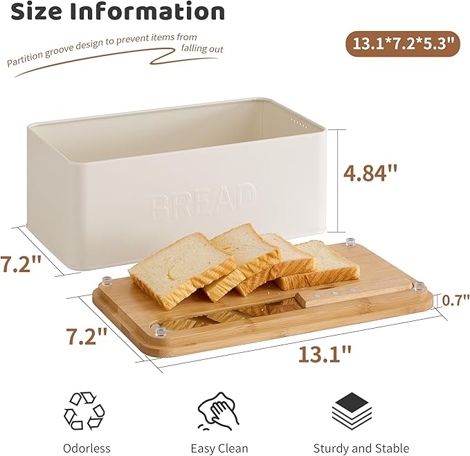 FILWH Metal Bread Box with Bamboo Cutting Board Lid, Bread Box with Bread Knife for Kitchen Countertop Countertop Storage for Homemade Bread, Bagels & Muffins (White, M)