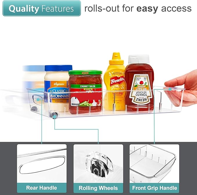 Sorbus Fridge Organizer on Wheels - Rolling Fridge Organizers and Storage Clear Design with Dividers & Handles for Kitchen Organization and Storage (Flat Top)