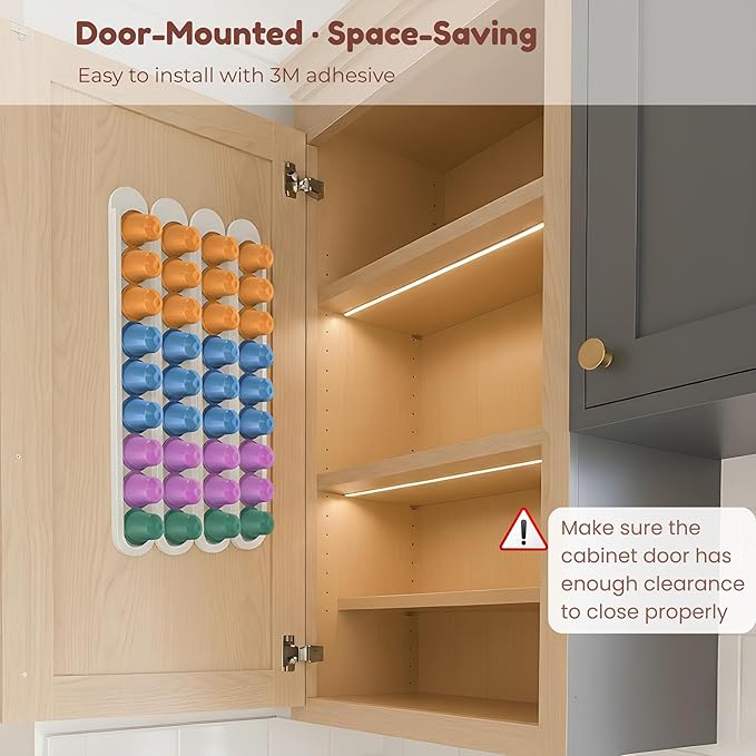 Bamboo Coffee Pod Holder, Adhesive Wall Mount for Cabinet Door, 36-Capsule Storage (Set of 4) — Vertical/Horizontal — Compatible with Nespresso Original Line-White