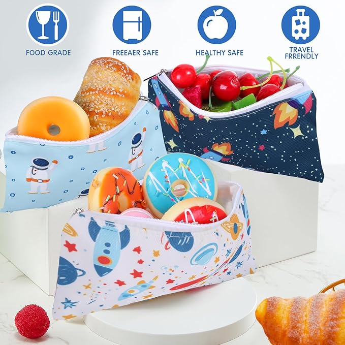 Chumia 6 Pcs Reusable Snack Bags Christmas Gifts Food Safety Washable Snack Bags Lunch with Zipper Portable Sandwich Bag Food Storage Pouch Double Layer(Astronaut,6.9 x 3.7 Inches)