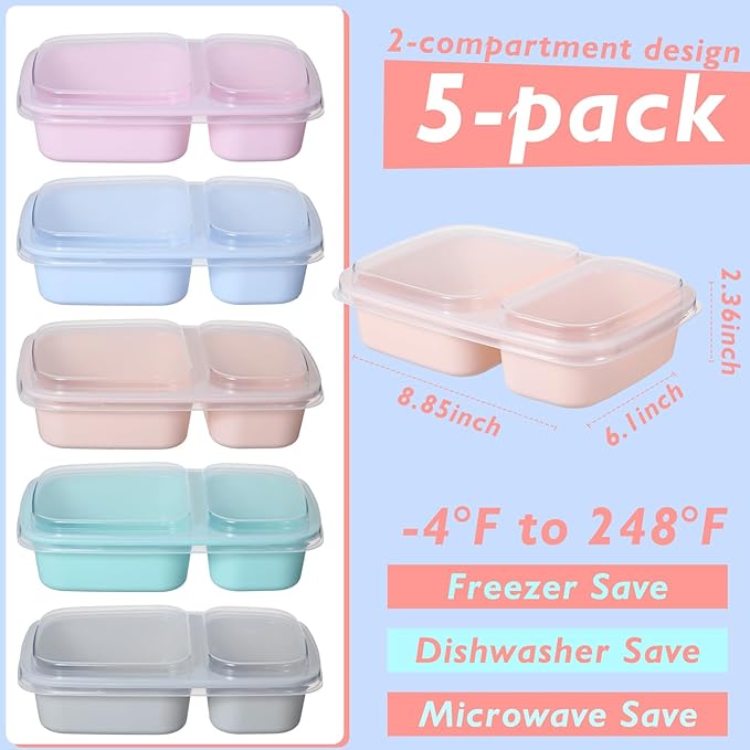 Honeydak 5 Pack Lunchable Snack Containers 2 Compartment Divided Bento Snack Boxes Reusable Meal Prep Containers with Lids Lunch Food Storage Box for School Work Travel(Light Color)
