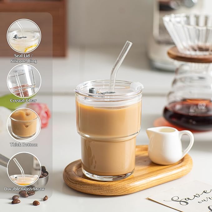 INSETLAN 13oz Portable Glass Tumblers Set of 2, Thick Wall Glass Cups with Lid and Glass Straw, On-the-Go Coffee Cups for Iced Coffee, Tea, Milk, Hot & Cold Drinks, Travel & Daily Use