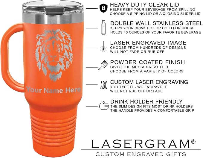 LaserGram 40oz Vacuum Insulated Travel Mug with Handle, Sushi, Personalized Engraving Included (Orange)