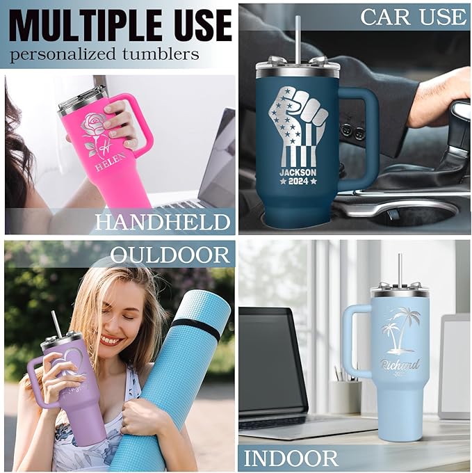 Personalized 40 Oz Tumbler with Handle and Straw Lid, Custom Stainless Steel Water Bottle Travel Mug with Names, Personalized Birthday Gifts for Mom Women Men Friend,Christmas (40 engraved)