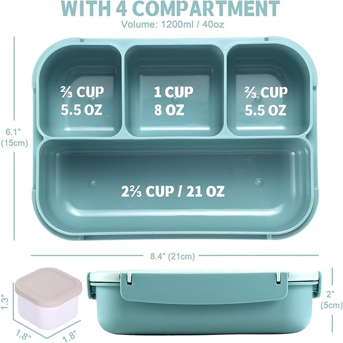 Bento Box Adult Lunch Box, Lunch Containers for Kids Girls Boys with 4 Compartments, Lunchable Food Container with Utensils, Sauce Jar, Muffin Liners, 40 Oz/5 Cup, Light Teal