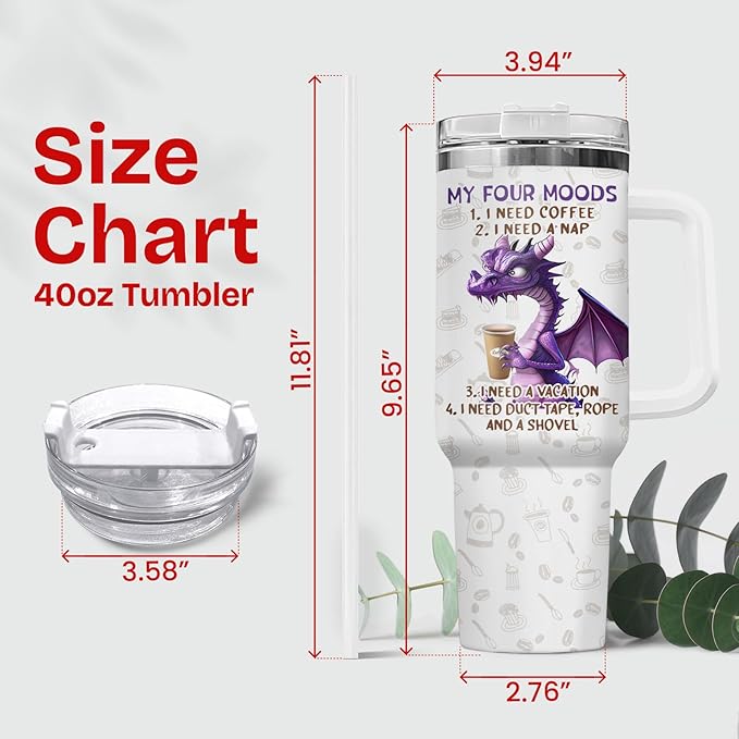 34HD Purple Dragon Tumbler with Handle & Straw, 40oz Stainless Steel Vacuum Insulated My Four Moods Coffee Mug, Dragon Gifts for Men Women Best Friend, Funny Birthday Gift Ideas