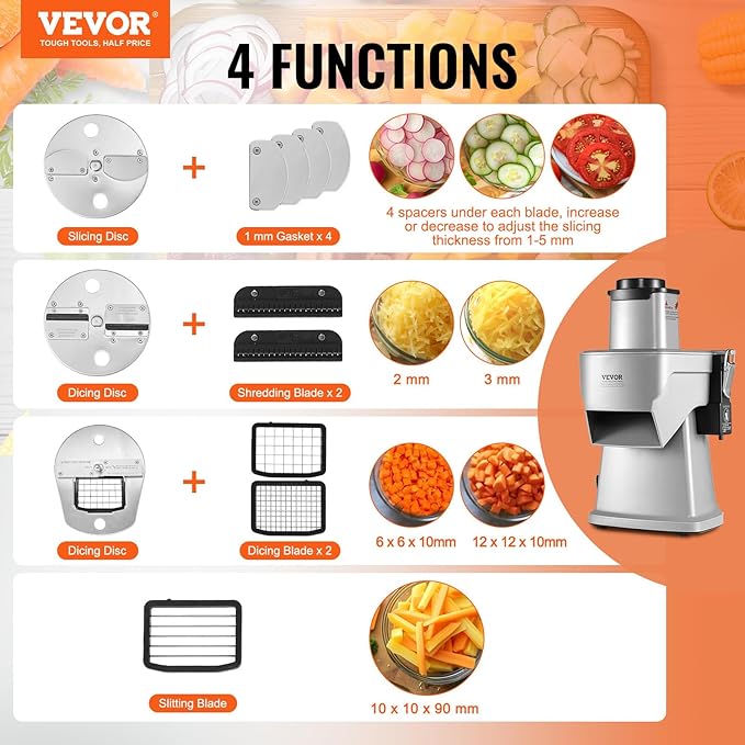 VEVOR Electric Vegetable Slicer, 4 in 1 Multifunctional Food Cutter, 200W Vegetable Chopper for Slicing Shredding Dicing and Slitting, with Cut-Resistant Gloves, for Commercial and Home Use
