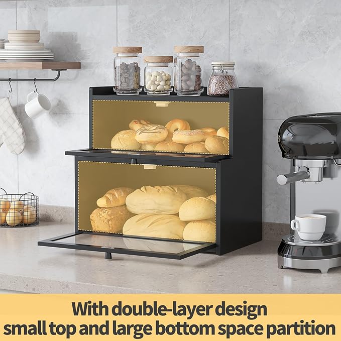 Double Layer Bamboo Bread Box for Kitchen Counter,Bread Holder,Countertop Bread Storage with Window (Black)