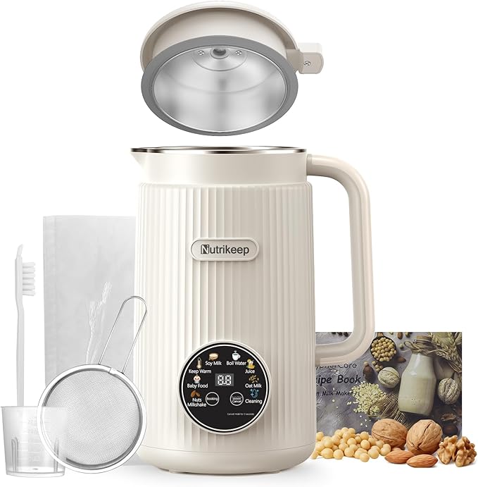 Upgraded 8-in-1 Nut Milk Maker Machine with Stainless Steel Lid, 40oz Soy Milk Maker for Almond, Oat, Coconut, Juice, Plant Based Milk Maker Blender with 18H Delay/Keep Warm/Self Cleaning
