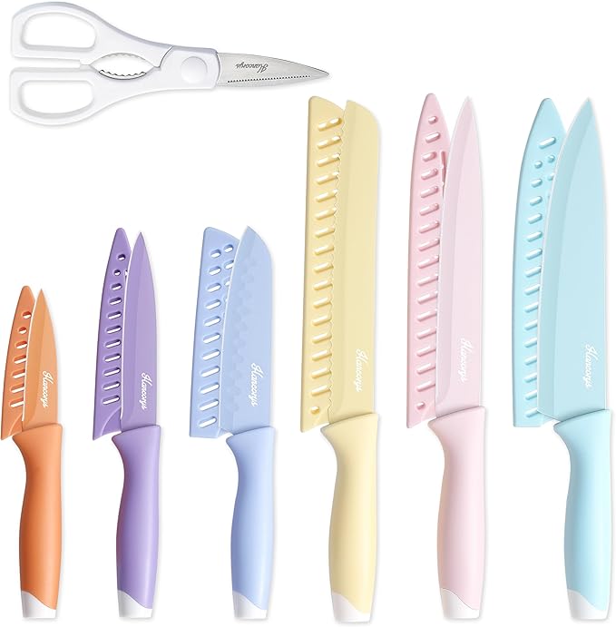 Colorful Knife Set, 13 Pieces Kitchen Knives Set with Nonstick Ceramic Anti-Rust Coating, Chef Knife Sets with 6 Blade Guards, Dishwasher Safe, Gifts Knife Set for Women