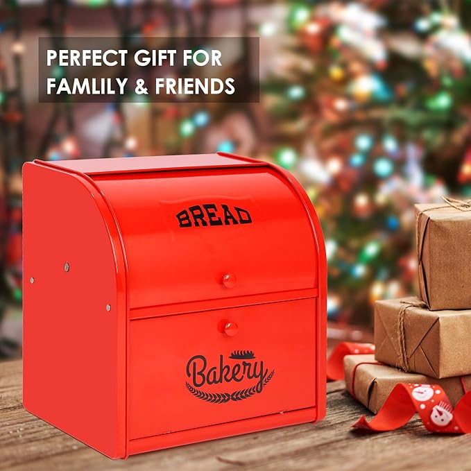 Bread Box, Metal Bread Box for Kitchen Countertop, 2 Layer Roll Top Bread Boxes, Stainless Steel Bread Storage, Kitchen Counter Bread Bin, Airtight Holder for Homemade Bread (Red)