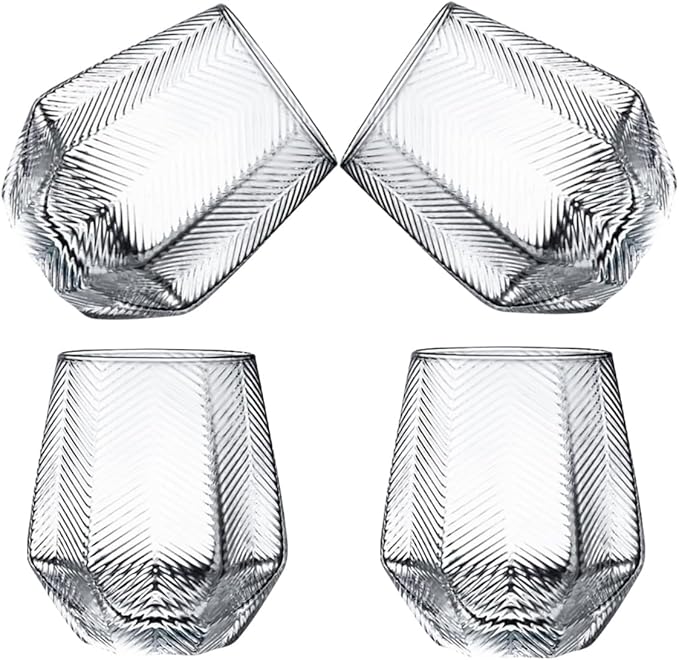 Wine Glasses Set Of 4,Stemless Wine Glasses 10 Oz Stress Relief Tumblers Dishwasher Safe, Spill-Proof Design For Red Wine, Cocktail, Whiskey, Bourbon, Gift for wine lovers (4pcs Stripe)