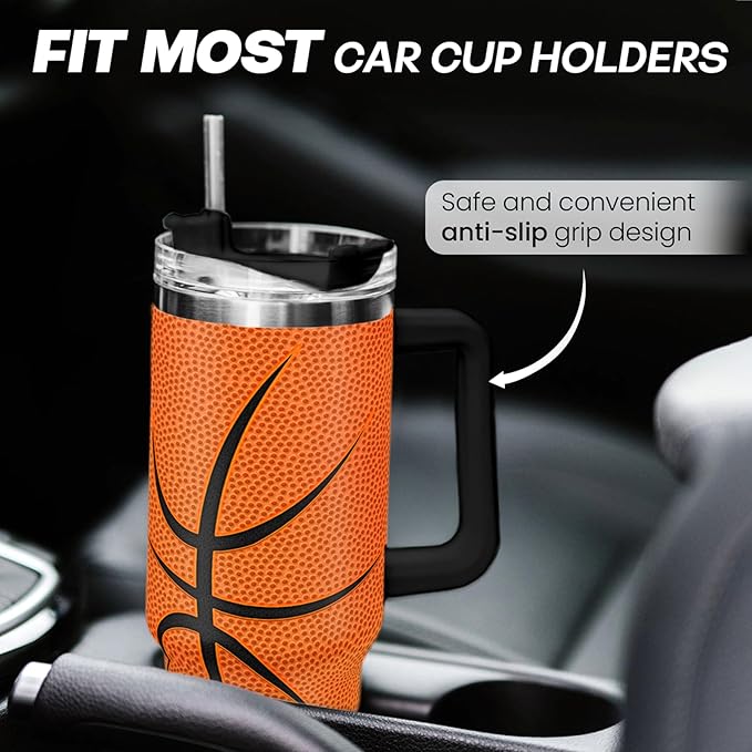 SANDJEST Basketball Tumbler with Handle 40oz Lid & Straw, Insulated Coffee Cup Gifts for Men Boys Players, Christmas Birthday