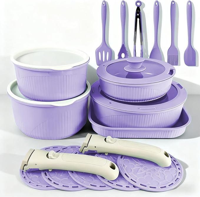 24 Pcs pots and pans set,pots and pans set non stick,Oven-safe and dishwasher-safe,PFAS/PFOA Free,Induction Dishwasher Oven Safe cookware set (Purple)