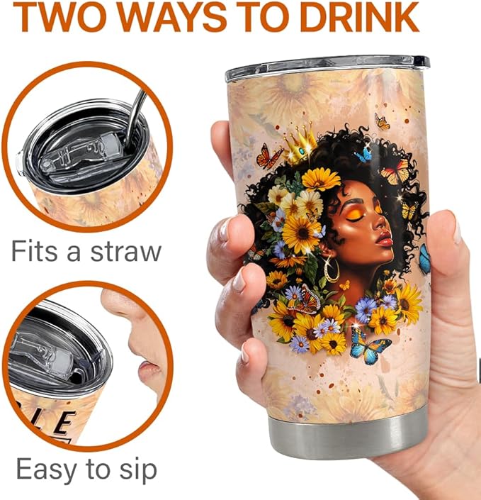 Black Woman Tumbler 20oz Stainless Steel Insulated Travel Mug Cup for Women Girls Gifts for Birthday Christmas