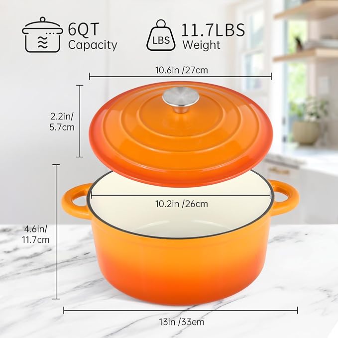 6 Quart Enameled Cast Iron Dutch Oven Pot with Lid, Oven Safe up to 500°F or on Stovetop, Non-stick Dutch Oven for Bread Baking, Cooking, Dual Handles Cookware, Orange