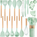 26 Pcs Silicone Cooking Utensils Set with Holder, BPA Free Kitchen Utensils Set for Cooking, 446°F Spatulas Silicone Heat Resistant Wooden Handle Spoon Tongs Non-stick Kitchen Gadgets (Light Green)