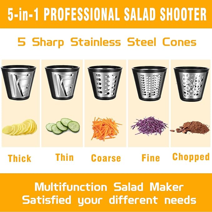 Electric Cheese Grater for Block Cheese, 5 Different Shapes of Blades for Slicing/Shredding/Grating, 250W Automatic Cheese Shredder Vegetable Slicer with One-Touch Control for Fruits, Nuts