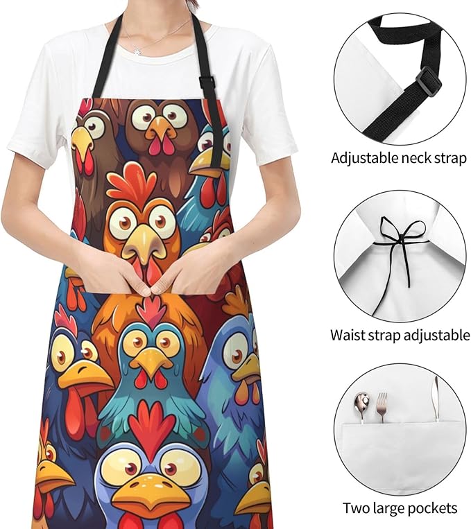 Funny Chicken Cartoon Apron for Men Women, Waterproof Kitchen Cooking Bib with Adjustable Neck and Pocket, Colorful Farm Rooster Theme Chef Apron Gifts for BBQ, Baking, Gardening, and Home Decor