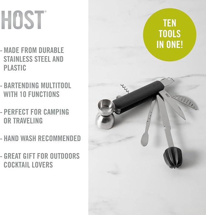 HOST All in One Bartender Multitool Set, 10 in 1 Bar Tool with Strainer, Muddler, Reamer, Jigger, Stirrer, Zester, Corkscrew, Opener, Knife and Channel Knife for Camping, Travel and Outdoor Use
