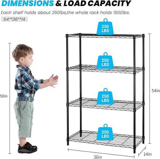 4-Shelf Metal Shelving Rack 36" L x 14" D x 54" H Garage Storage Shelves NSF Adjustable Wire Shelves Organizer for Kitchen Closet Basement, Each Shelf Can Hold 250LBS, Black