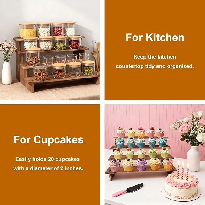 Wooden Cupcake Stand,Perfume Organizers,Cologne Organizer for Men,4 Tier Display Risers for Dessert,Spice,Candles,Matcha Station,No Tools Required to Install