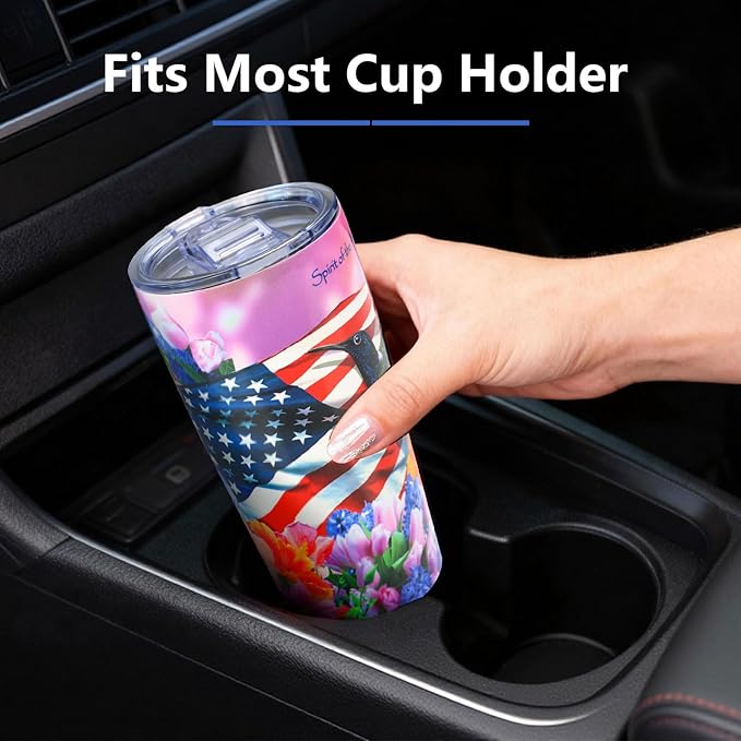 Hummingbird Tumbler - 20oz Stainless Steel Insulated | American Flag & Hummingbird Floral Design, Leak-Proof Patriotic Travel Mug for Hot/Cold Drinks, Hummingbird Gifts For Women, Her, Mom