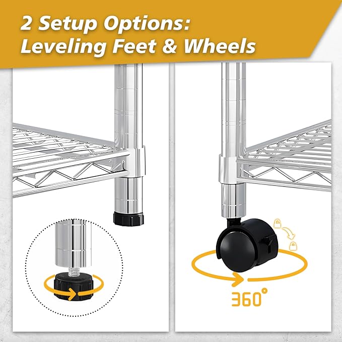 Karl home 6-Tier Storage Shelving with 1.5" Wheels,Adjustable NSF Metal Shelves Wire Storage Rack for Garage Kitchen Basement,1020LBS Capacity 72.83" H X 23.6" W X 13.78" D,Stainless S Hooks,Silver