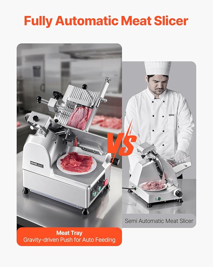VEVOR Automatic Meat Slicer, 180W + 370W Deli Slicer with a 12 inch Premium 65Mn Blade, 0-0.3 inch Adjustable Thickness, Electric Food Slicer Machine for Meat, Vegetables, Hard Bread, and Cheese