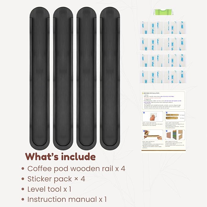 Bamboo Coffee Pod Holder, Adhesive Wall Mount for Cabinet Door, 36-Capsule Storage (Set of 4) — Vertical/Horizontal — Compatible with Nespresso Original Line-Black