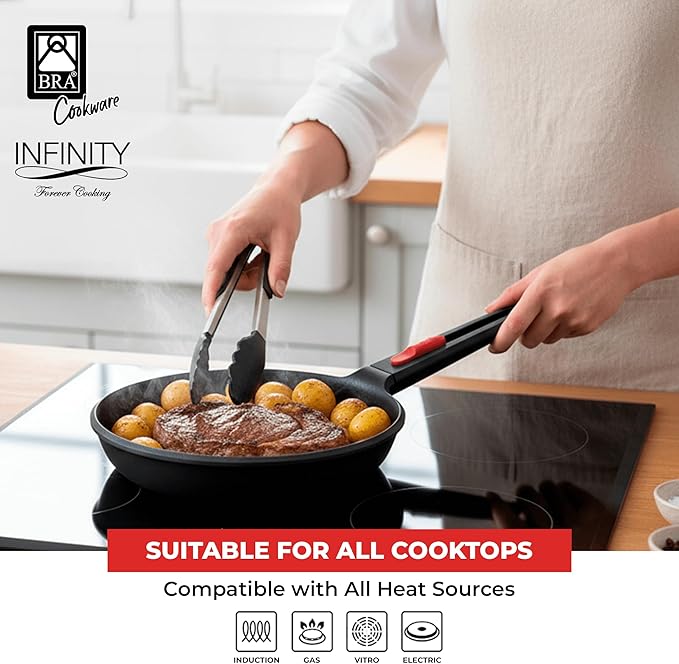 BRA COOKWARE Infinity Nonstick Frying Pan | 8-Inch Cast Aluminum Skillet | PFOA/PFAS Free Fry Pan | All Cooktops (incl Induction) Searing Skillet | Oven Safe up to 425°F (w/o Removable Handle)