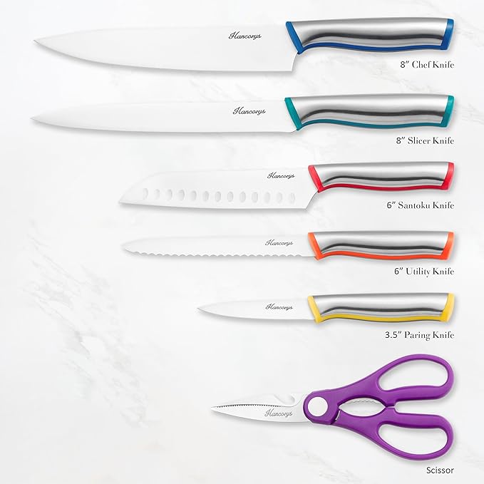 Colorful Knife Set, 11 Pieces Kitchen Knives Set in High Carbon Stainless Steel, Chef Knife Sets with 5 Blade Guards, Dishwasher Safe, Holiday Gifts for Kitchen