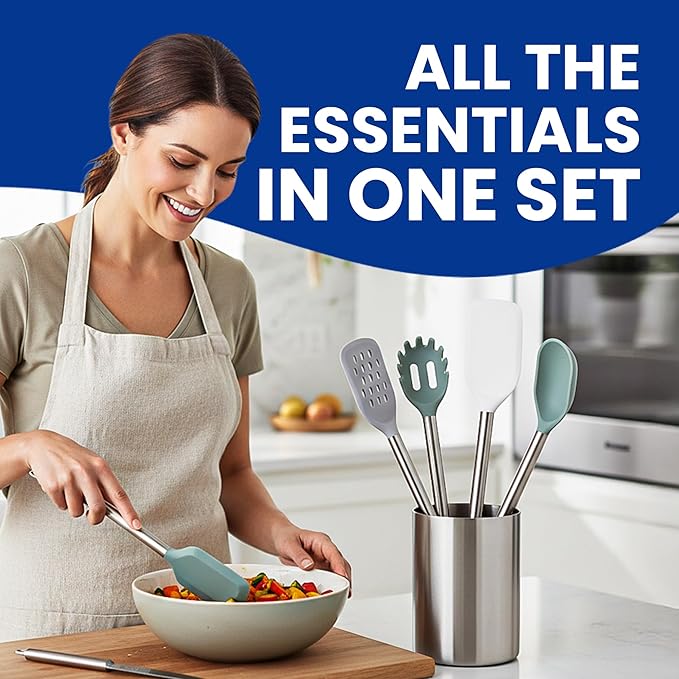 5-Piece Silicone Kitchen Utensil Set – Heat-Resistant, BPA-Free Cooking Tools with Stainless Steel Handles – Nonstick Safe Turner, Spoons, Pasta Server & Spatula – Dishwasher Safe