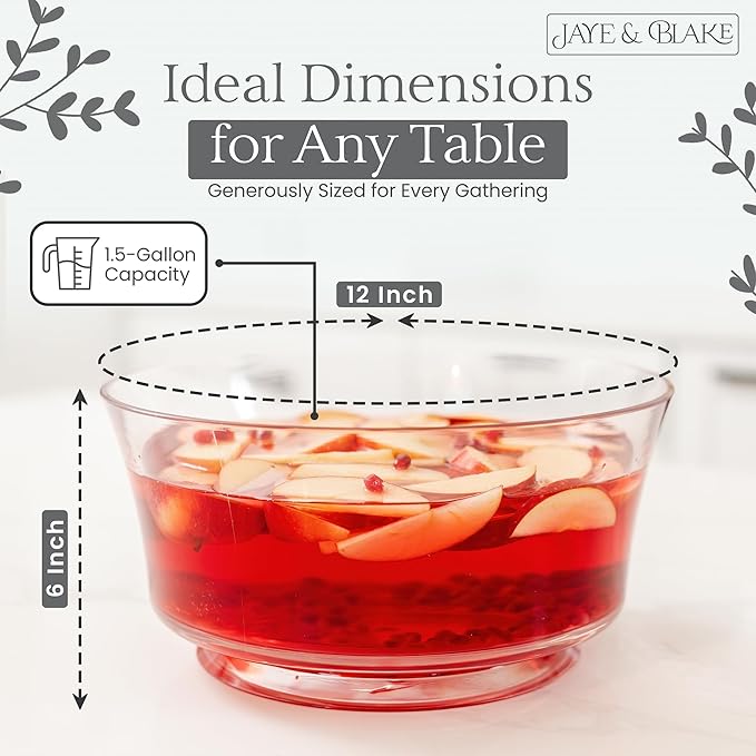 JAYE & BLAKE Premium Acrylic Punch Bowl with Ladle | 12”W x 6”H Clear Design Glass Like Quality & Durable Acrylic Bowls | 1.5 Gallon (6 quarts) Punch Bowl For Parties, Holidays, Schools, Halloween